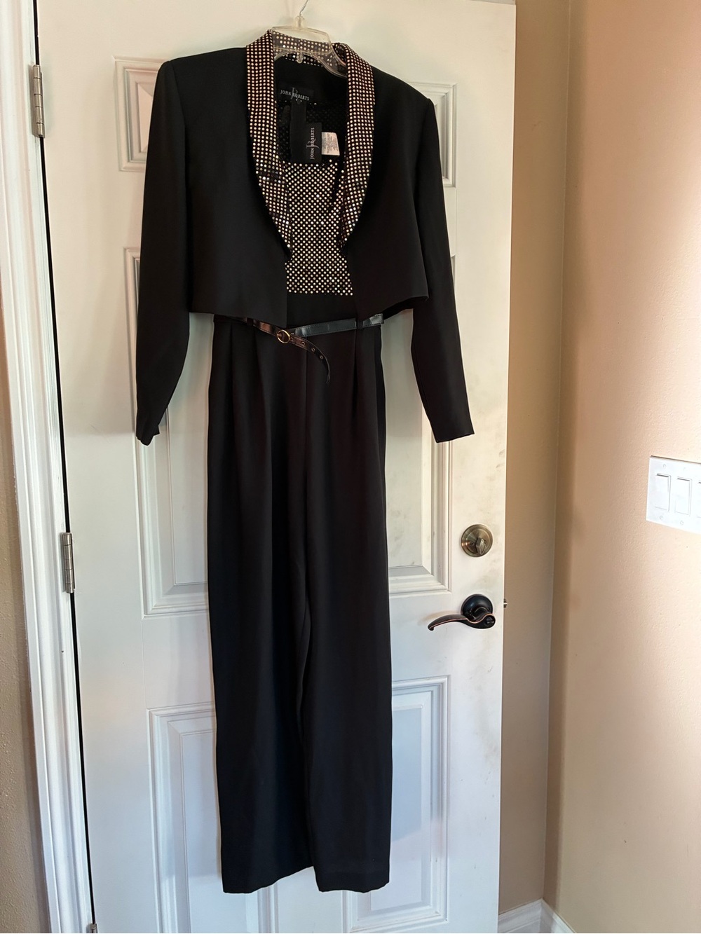 Classic Black Long-Sleeve Jumpsuit with Polka Dot Bodice